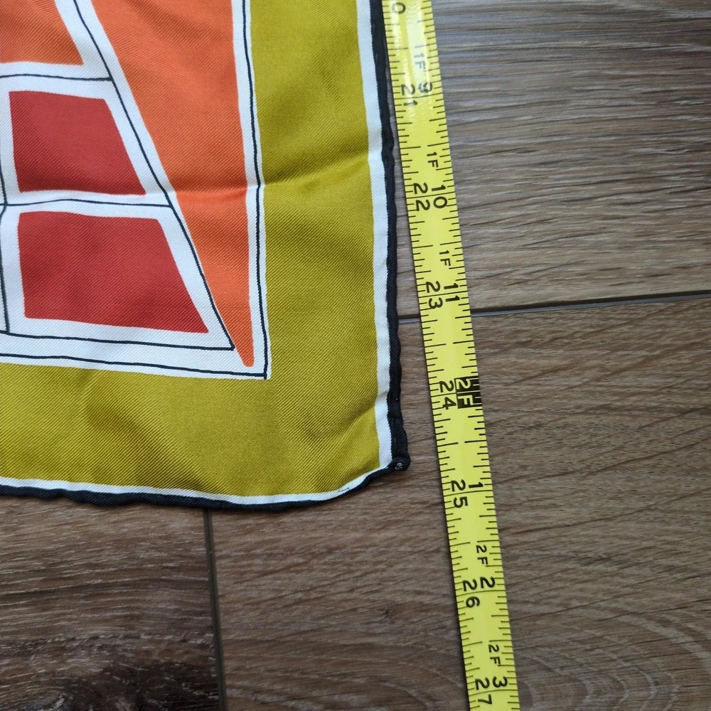 Vtg Vera Neumann Geometric Silk Scarf Retro Yellow Orange Brown Logo MCM Modern